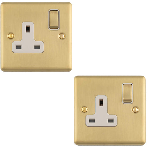 2 PACK 1 Gang Single UK Plug Socket SATIN BRASS & WHITE 13A Switched Mains Wall Power Outlet