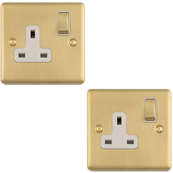 2 PACK 1 Gang Single UK Plug Socket SATIN BRASS & WHITE 13A Switched Mains Wall Power Outlet