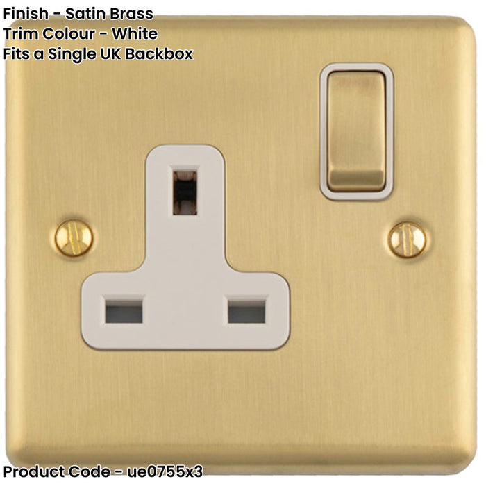 3 PACK 1 Gang Single UK Plug Socket SATIN BRASS & WHITE 13A Switched Mains Wall Power Outlet