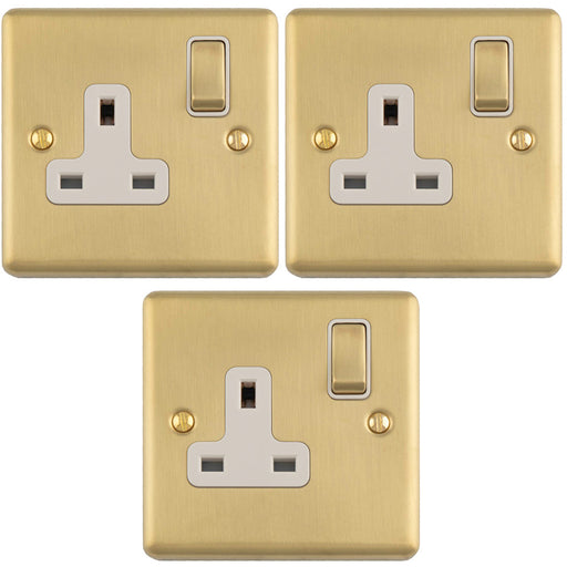 3 PACK 1 Gang Single UK Plug Socket SATIN BRASS & WHITE 13A Switched Mains Wall Power Outlet