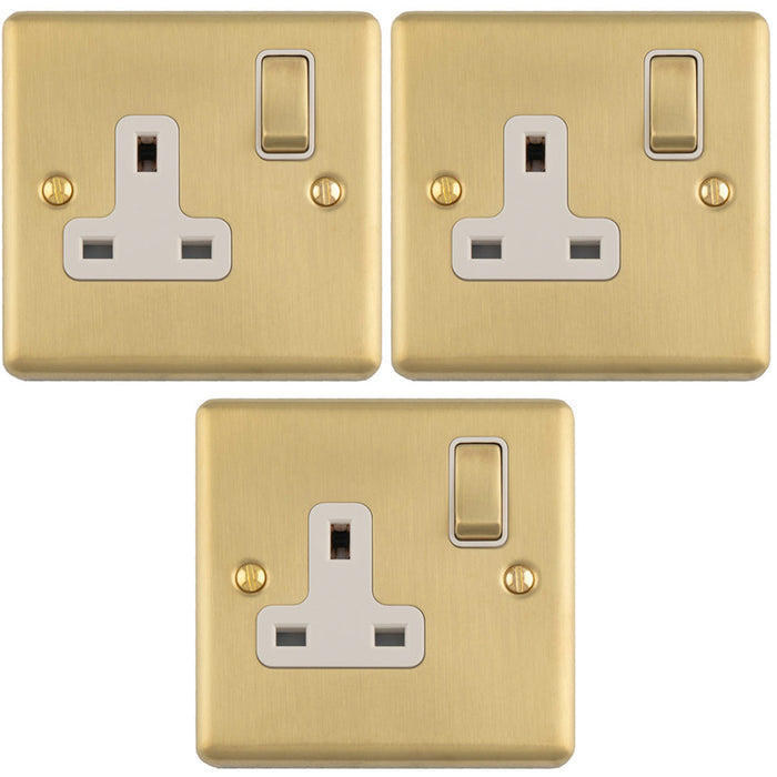 3 PACK 1 Gang Single UK Plug Socket SATIN BRASS & WHITE 13A Switched Mains Wall Power Outlet