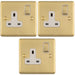 3 PACK 1 Gang Single UK Plug Socket SATIN BRASS & WHITE 13A Switched Mains Wall Power Outlet