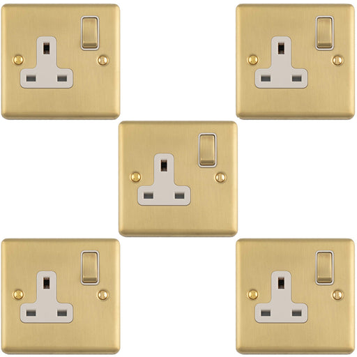 5 PACK 1 Gang Single UK Plug Socket SATIN BRASS & WHITE 13A Switched Mains Wall Power Outlet