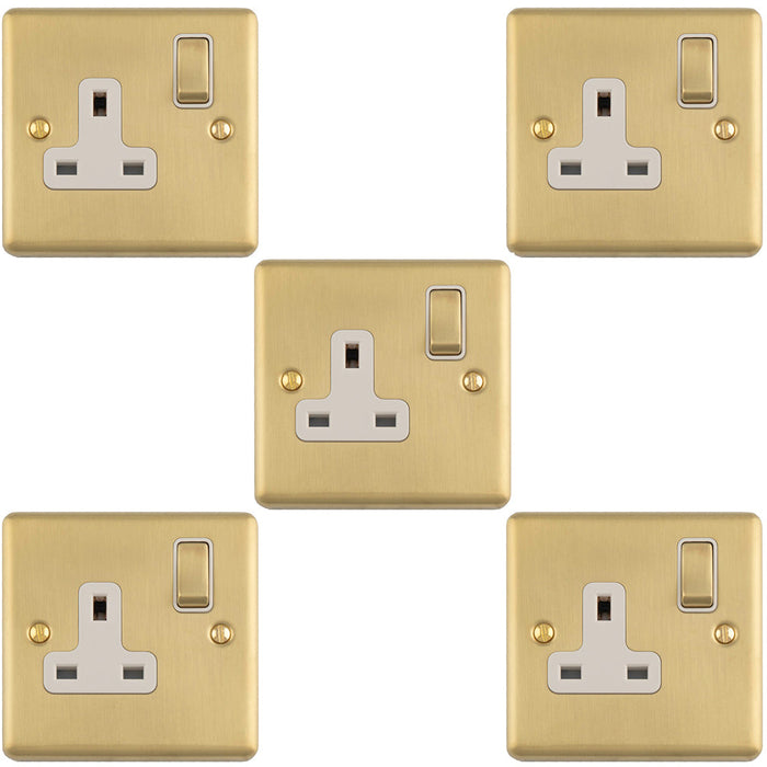 5 PACK 1 Gang Single UK Plug Socket SATIN BRASS & WHITE 13A Switched Mains Wall Power Outlet