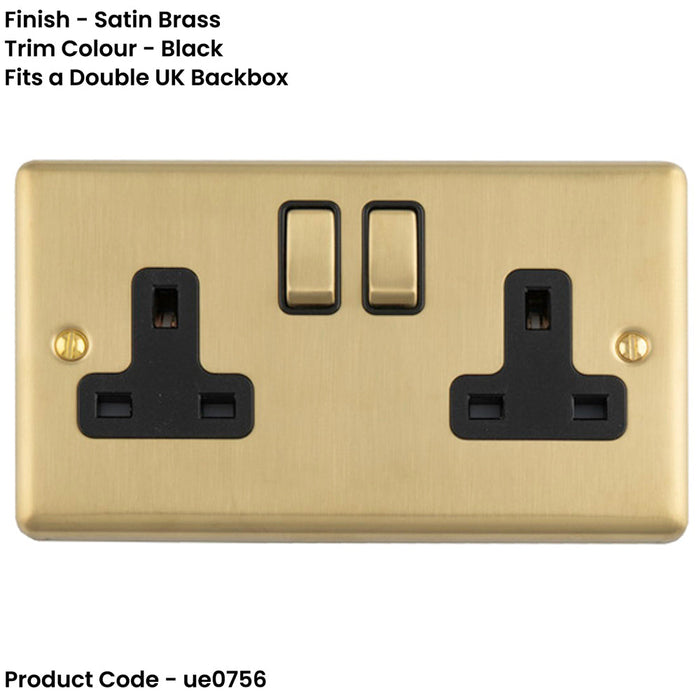 2 Gang Double UK Plug Socket SATIN BRASS & BLACK 13A Switched Mains Wall Power Outlet