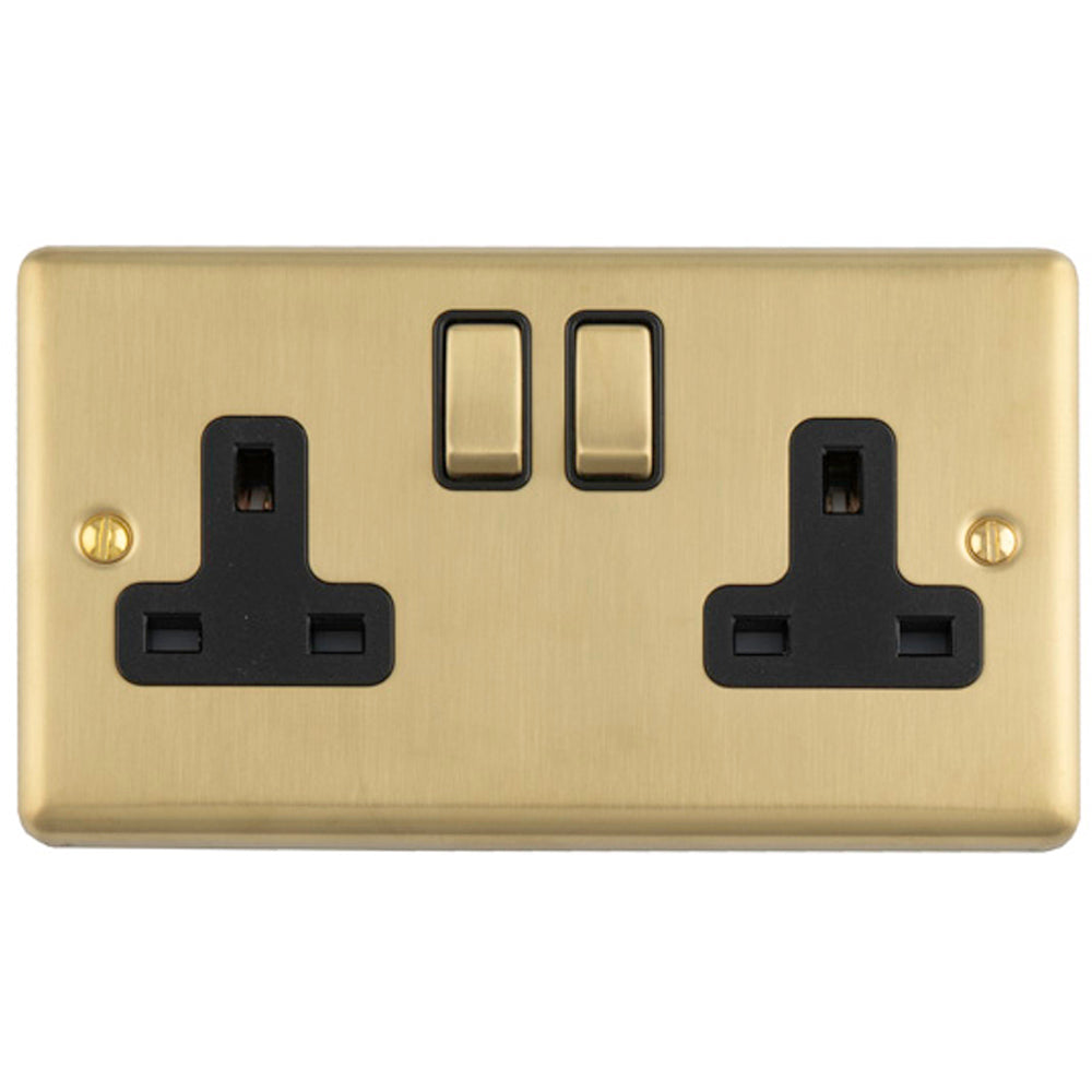 2 Gang Double UK Plug Socket SATIN BRASS & BLACK 13A Switched Mains Wa ...