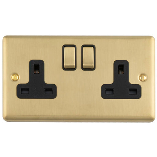 2 Gang Double UK Plug Socket SATIN BRASS & BLACK 13A Switched Mains Wall Power Outlet