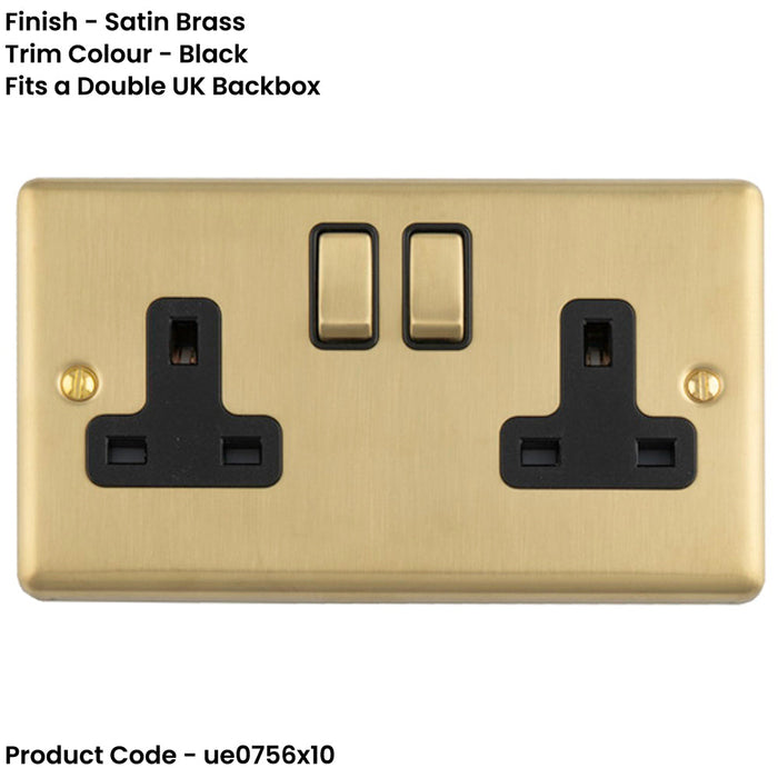 10 PACK 2 Gang Double UK Plug Socket SATIN BRASS & BLACK 13A Switched Mains Wall Power Outlet