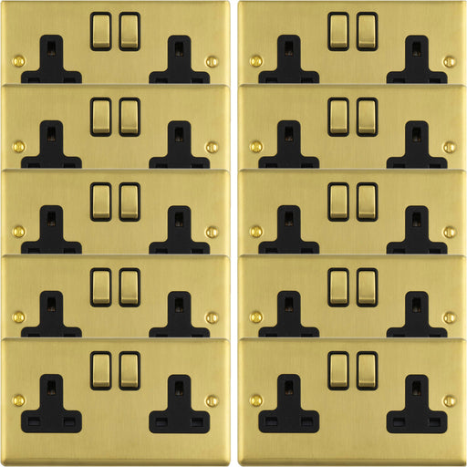 10 PACK 2 Gang Double UK Plug Socket SATIN BRASS & BLACK 13A Switched Mains Wall Power Outlet