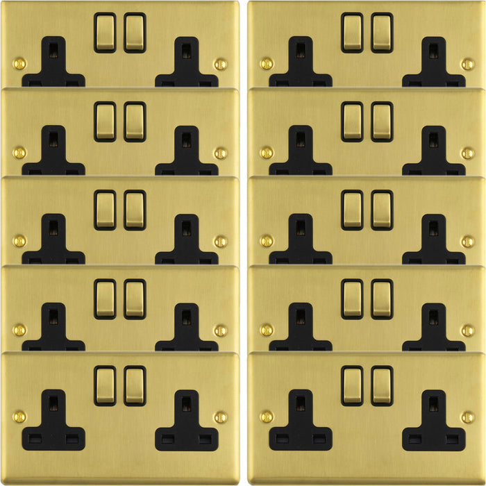 10 PACK 2 Gang Double UK Plug Socket SATIN BRASS & BLACK 13A Switched Mains Wall Power Outlet