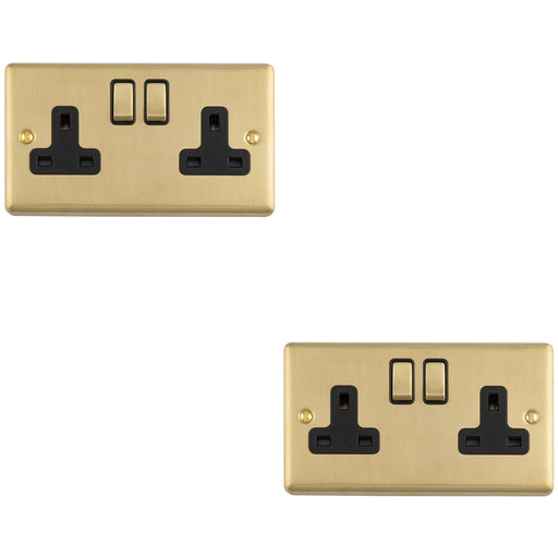 2 PACK 2 Gang Double UK Plug Socket SATIN BRASS & BLACK 13A Switched Mains Wall Power Outlet