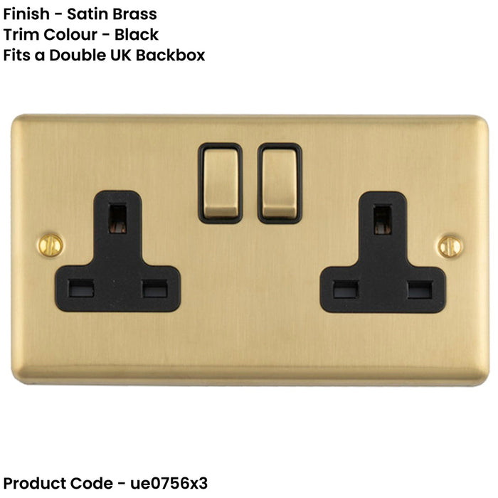 3 PACK 2 Gang Double UK Plug Socket SATIN BRASS & BLACK 13A Switched Mains Wall Power Outlet