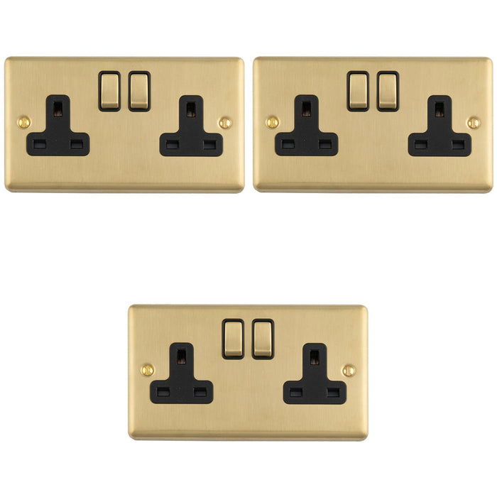 3 PACK 2 Gang Double UK Plug Socket SATIN BRASS & BLACK 13A Switched Mains Wall Power Outlet