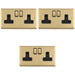 3 PACK 2 Gang Double UK Plug Socket SATIN BRASS & BLACK 13A Switched Mains Wall Power Outlet