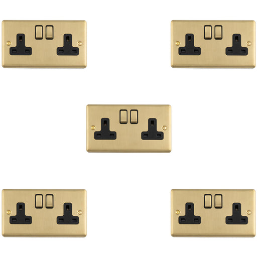 5 PACK 2 Gang Double UK Plug Socket SATIN BRASS & BLACK 13A Switched Mains Wall Power Outlet
