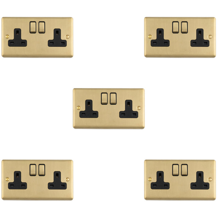 5 PACK 2 Gang Double UK Plug Socket SATIN BRASS & BLACK 13A Switched Mains Wall Power Outlet