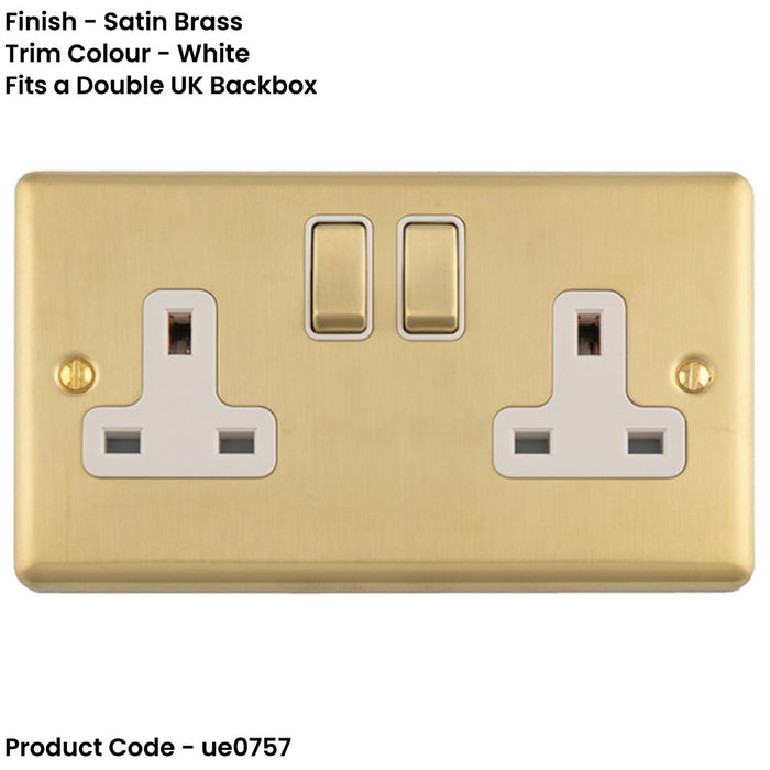 2 Gang Double UK Plug Socket SATIN BRASS & WHITE 13A Switched Mains Wall Power Outlet