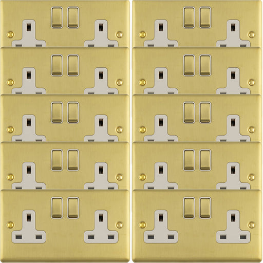 10 PACK 2 Gang Double UK Plug Socket SATIN BRASS & WHITE 13A Switched Mains Wall Power Outlet