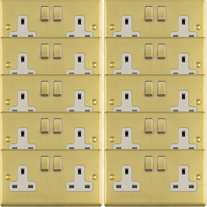 10 PACK 2 Gang Double UK Plug Socket SATIN BRASS & WHITE 13A Switched Mains Wall Power Outlet