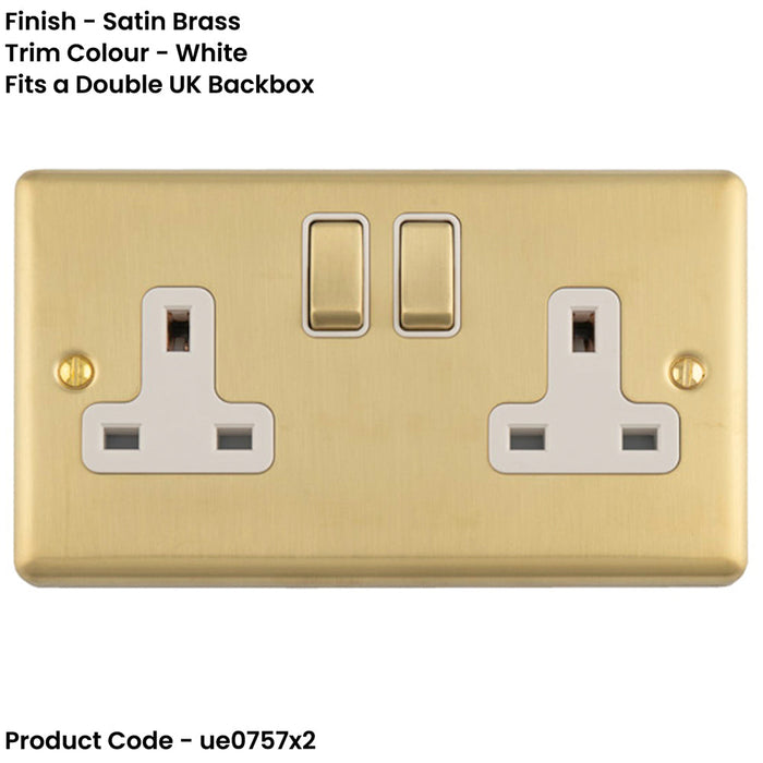 2 PACK 2 Gang Double UK Plug Socket SATIN BRASS & WHITE 13A Switched Mains Wall Power Outlet