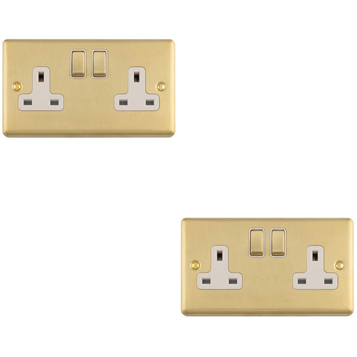 2 PACK 2 Gang Double UK Plug Socket SATIN BRASS & WHITE 13A Switched Mains Wall Power Outlet