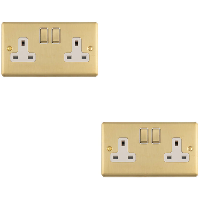 2 PACK 2 Gang Double UK Plug Socket SATIN BRASS & WHITE 13A Switched Mains Wall Power Outlet