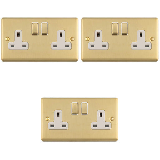 3 PACK 2 Gang Double UK Plug Socket SATIN BRASS & WHITE 13A Switched Mains Wall Power Outlet