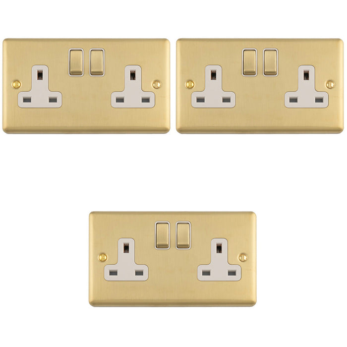 3 PACK 2 Gang Double UK Plug Socket SATIN BRASS & WHITE 13A Switched Mains Wall Power Outlet