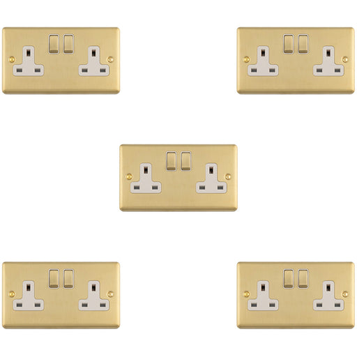 5 PACK 2 Gang Double UK Plug Socket SATIN BRASS & WHITE 13A Switched Mains Wall Power Outlet