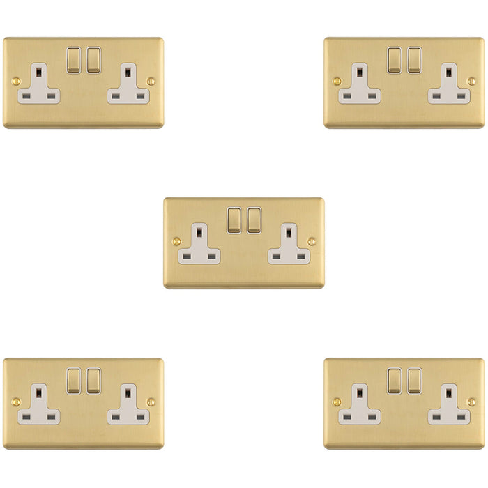 5 PACK 2 Gang Double UK Plug Socket SATIN BRASS & WHITE 13A Switched Mains Wall Power Outlet