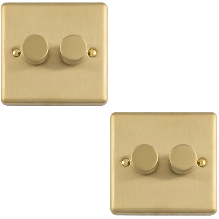 2 PACK 2 Gang 400W LED 2 Way Rotary Dimmer Switch SATIN BRASS Light Dimming Plate