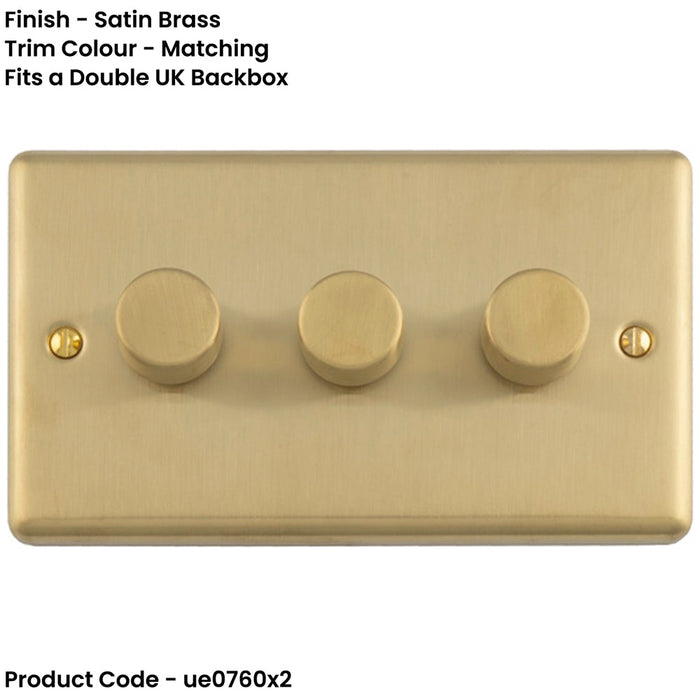 2 PACK 3 Gang 400W LED 2 Way Rotary Dimmer Switch SATIN BRASS Light Dimming Plate