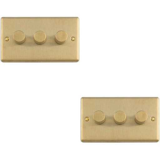 2 PACK 3 Gang 400W LED 2 Way Rotary Dimmer Switch SATIN BRASS Light Dimming Plate