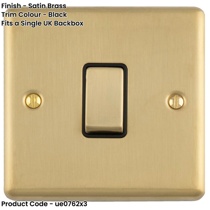 3 PACK 1 Gang Single Light Switch SATIN BRASS 2 Way 10A Black Trim & Metal Rocker