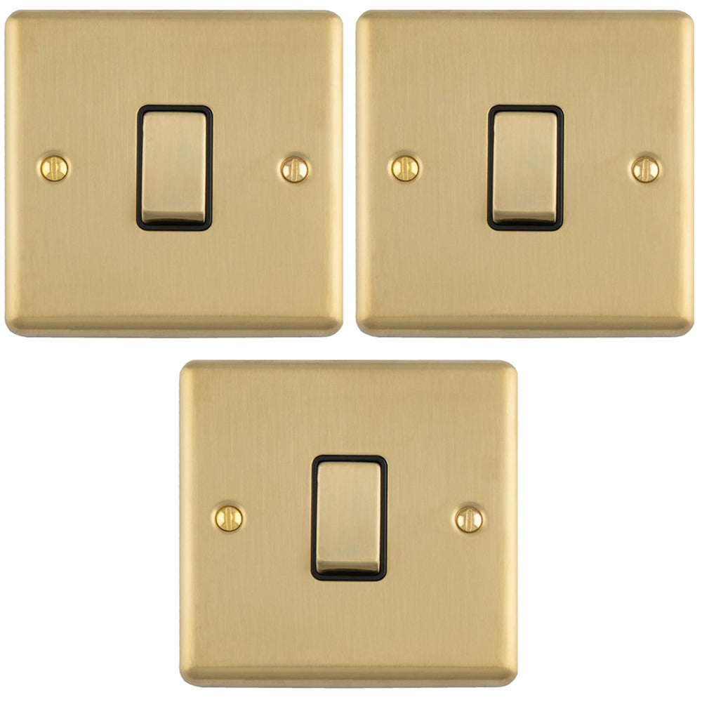 3 PACK 1 Gang Single Light Switch SATIN BRASS 2 Way 10A Black Trim & M ...