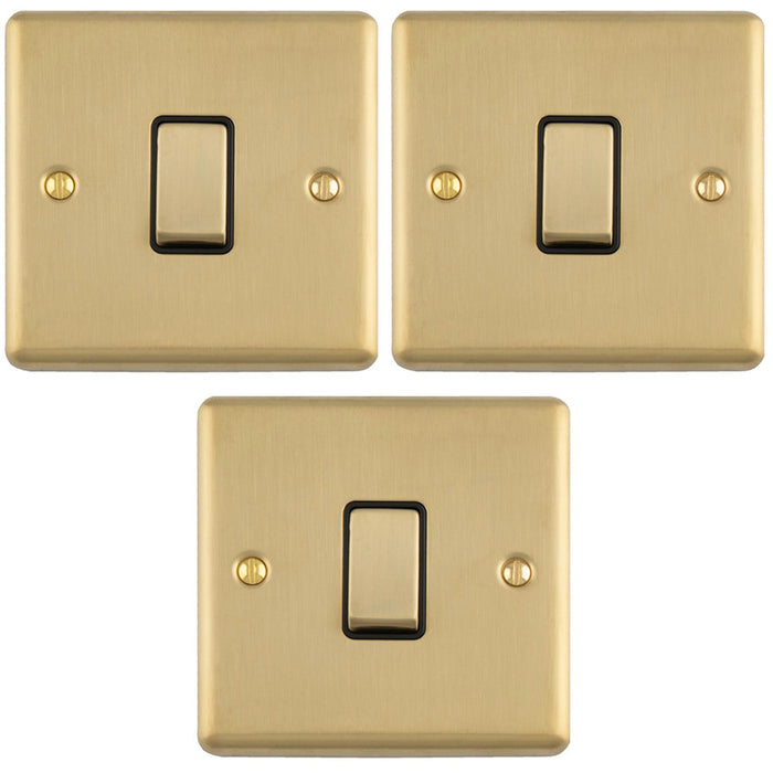 3 PACK 1 Gang Single Light Switch SATIN BRASS 2 Way 10A Black Trim & Metal Rocker