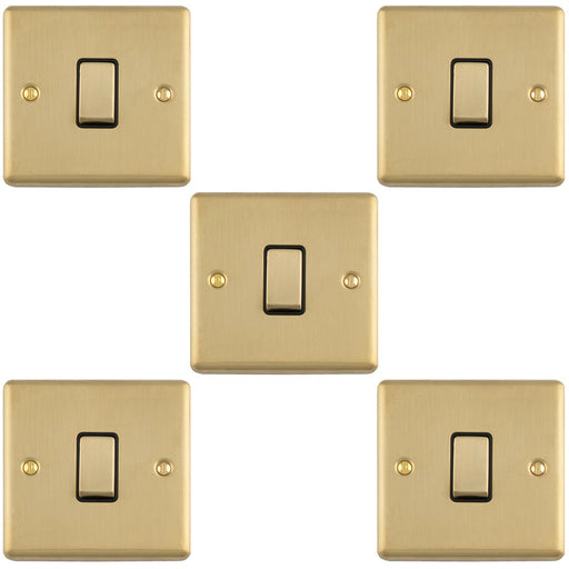 5 PACK 1 Gang Single Light Switch SATIN BRASS 2 Way 10A Black Trim & Metal Rocker