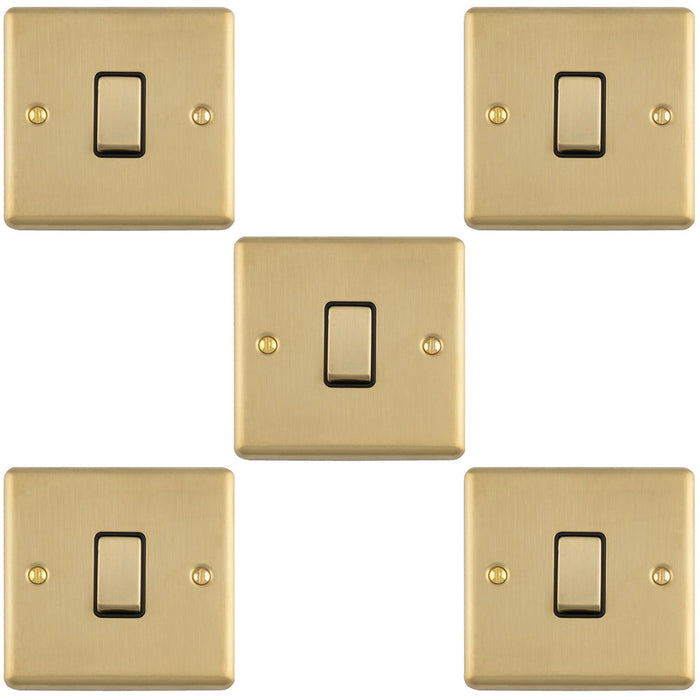 5 PACK 1 Gang Single Light Switch SATIN BRASS 2 Way 10A Black Trim & Metal Rocker