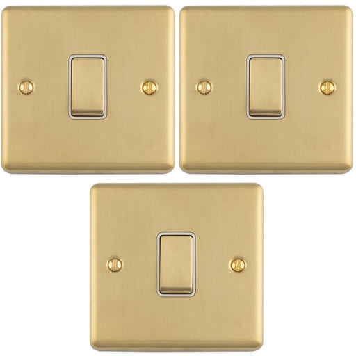 3 PACK 1 Gang Single Light Switch SATIN BRASS 2 Way 10A White Trim & Metal Rocker