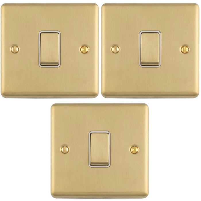3 PACK 1 Gang Single Light Switch SATIN BRASS 2 Way 10A White Trim & Metal Rocker