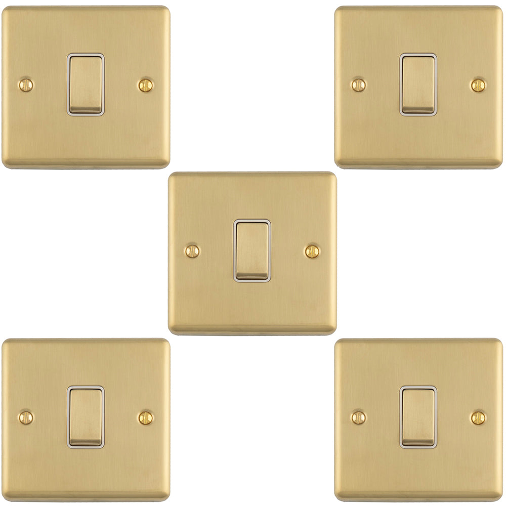 5 PACK 1 Gang Single Light Switch SATIN BRASS 2 Way 10A White Trim & M ...
