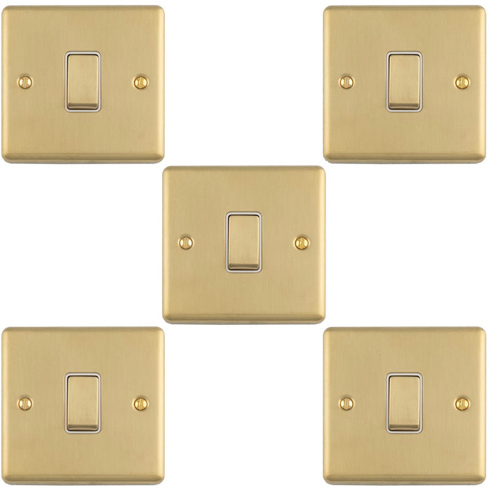 5 PACK 1 Gang Single Light Switch SATIN BRASS 2 Way 10A White Trim & Metal Rocker