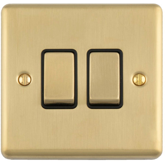 2 Gang Double Light Switch SATIN BRASS 2 Way 10A Black Trim & Metal Rocker
