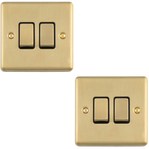 2 PACK 2 Gang Double Light Switch SATIN BRASS 2 Way 10A Black Trim & Metal Rocker
