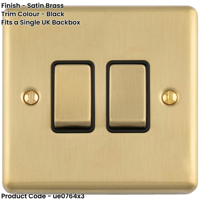 3 PACK 2 Gang Double Light Switch SATIN BRASS 2 Way 10A Black Trim & Metal Rocker