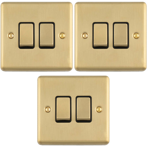 3 PACK 2 Gang Double Light Switch SATIN BRASS 2 Way 10A Black Trim & Metal Rocker