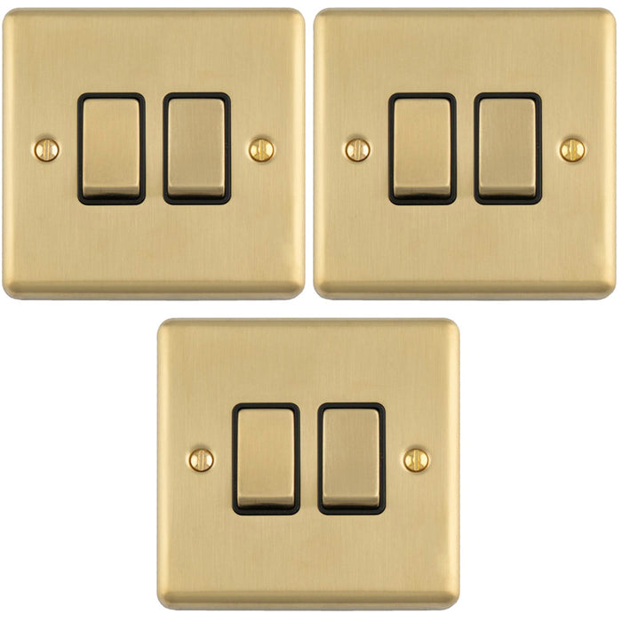 3 PACK 2 Gang Double Light Switch SATIN BRASS 2 Way 10A Black Trim & Metal Rocker