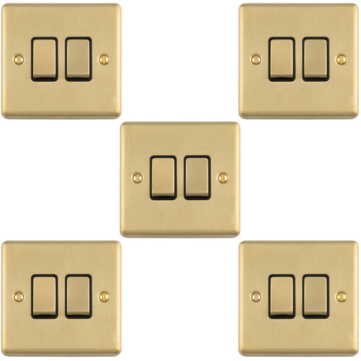 5 PACK 2 Gang Double Light Switch SATIN BRASS 2 Way 10A Black Trim & Metal Rocker