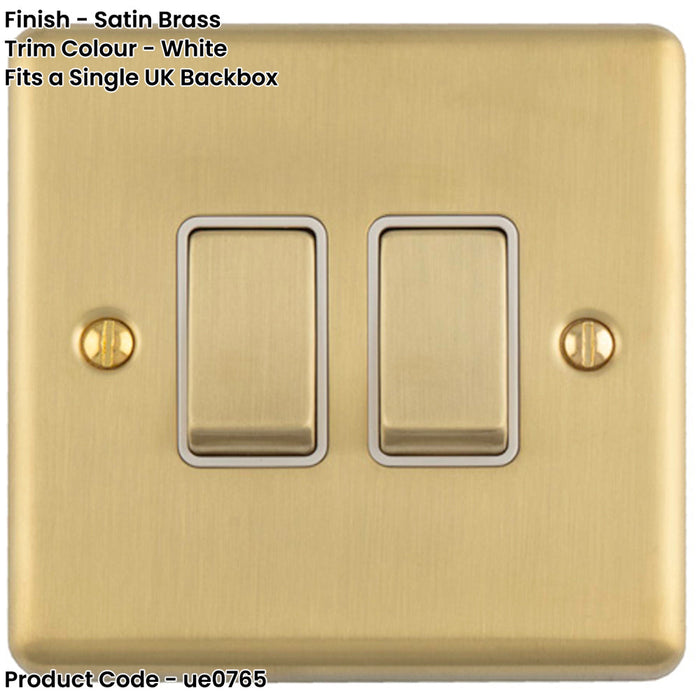 2 Gang Double Light Switch SATIN BRASS 2 Way 10A White Trim & Metal Rocker