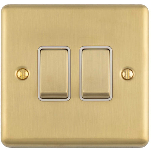 2 Gang Double Light Switch SATIN BRASS 2 Way 10A White Trim & Metal Rocker